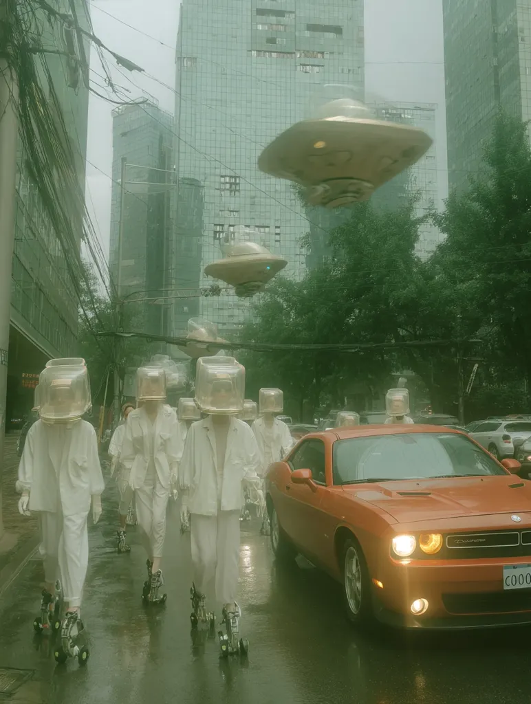 A surreal scene unfolds on a rainy city street. Several figures in white, boxy helmets and white suits roller skate past an orange Dodge Challenger.  Above, multiple flying saucers hover in the overcast sky, adding to the otherworldly atmosphere. The overall tone is muted and dreamlike, with a vintage aesthetic.  Tall buildings form a backdrop to this unusual parade.