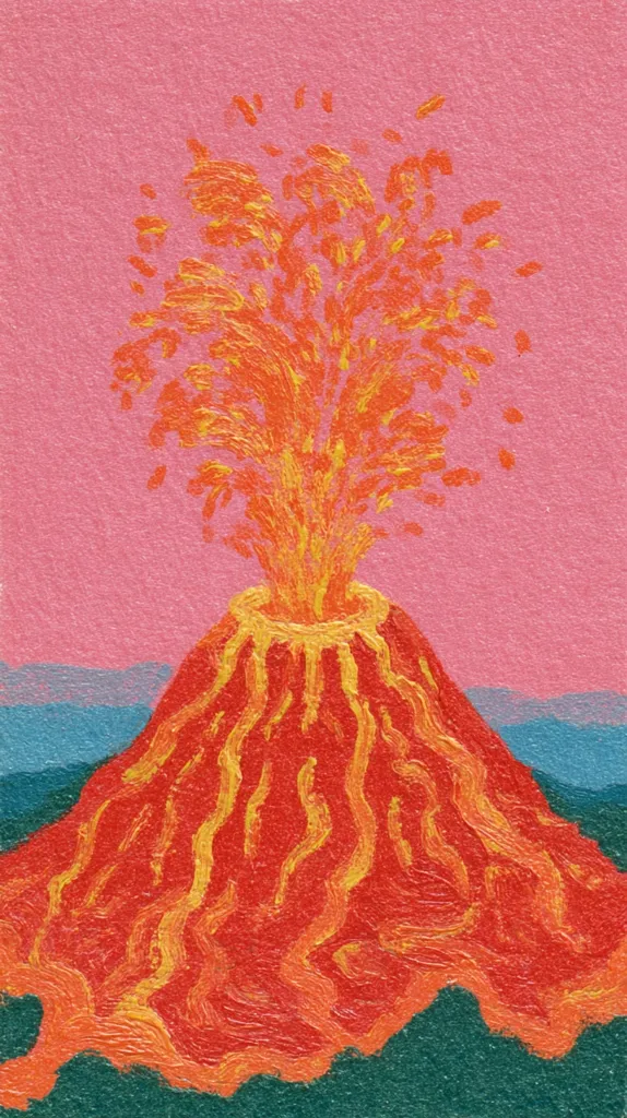 A vibrant painting depicts a volcano erupting against a pink sky.  Orange and yellow paint, applied with visible brushstrokes, creates a dynamic depiction of the lava flow.  The volcano's form is simplified, yet expressive, with textured details suggesting the molten rock. The background is a flat, contrasting teal, suggesting a landscape. The overall style is playful and stylized.