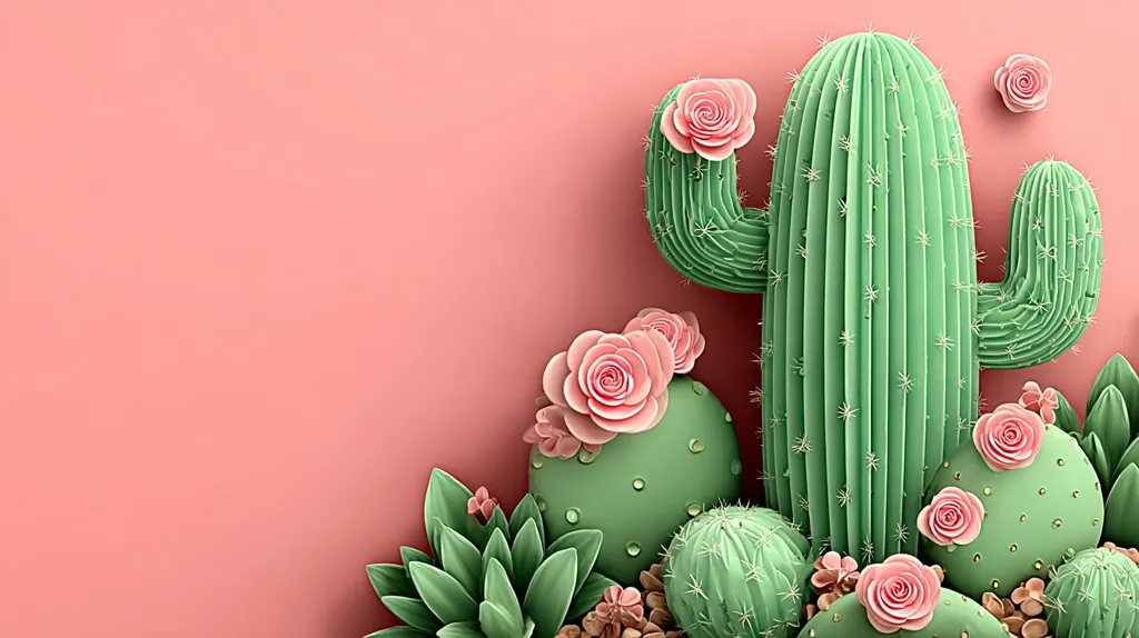 A stylized illustration features a large, pleated green cactus as the centerpiece against a soft pink background.  Smaller cacti and succulents surround the main cactus, adorned with delicate pink roses. The overall aesthetic is minimalist and whimsical, with a pastel color palette creating a serene and decorative image.