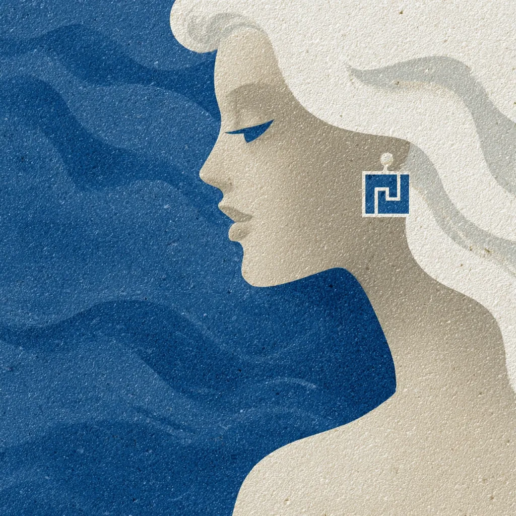 A stylized illustration depicts a woman's profile against a textured blue background resembling water. Her blonde hair flows gracefully, and she wears a square, geometric earring. The image utilizes a muted color palette and a textured, almost paper-like surface, creating a vintage or art deco aesthetic. The overall impression is one of serene elegance and classic beauty.