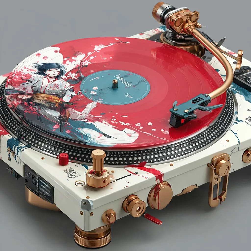 A custom-designed turntable features a vibrant red and white body splashed with paint, accented with gold hardware.  A unique record displays an anime-style illustration of a woman in traditional clothing amidst a blossoming floral design. The turntable's steampunk-inspired tonearm adds to its artistic and functional appeal.  The overall aesthetic blends modern technology with artistic expression.