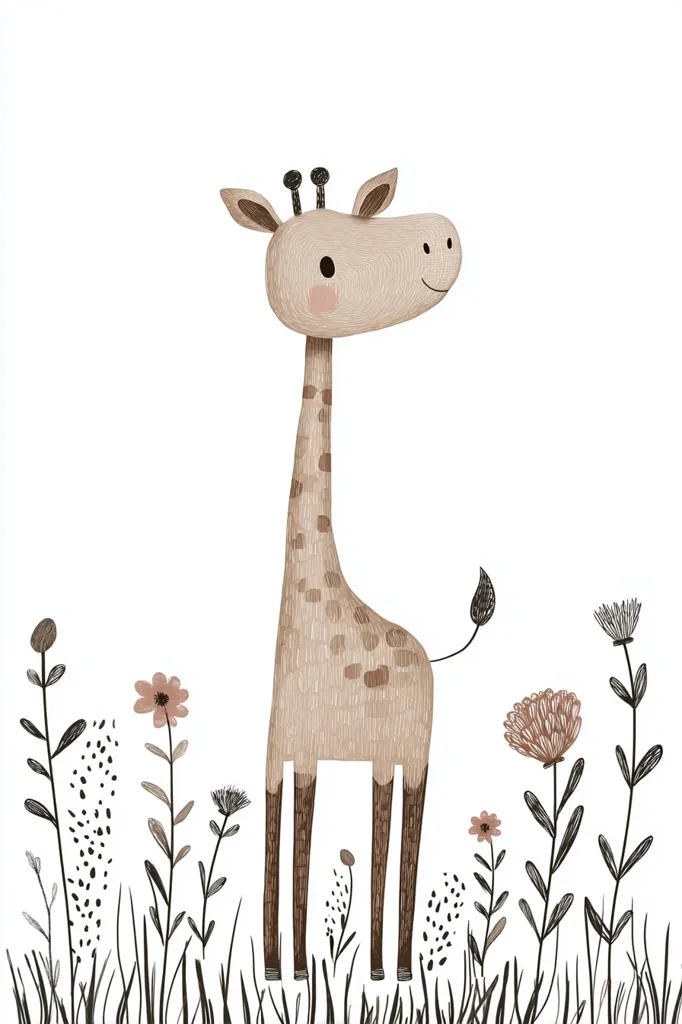 An illustration of a cute giraffe standing in a field of wildflowers. The giraffe is light brown with darker brown spots, and has a simple, friendly expression. The flowers are various shades of pink and brown, with thin black stems and leaves. The style is minimalist and childlike, suitable for children's décor. The background is white, making the giraffe and flowers pop.