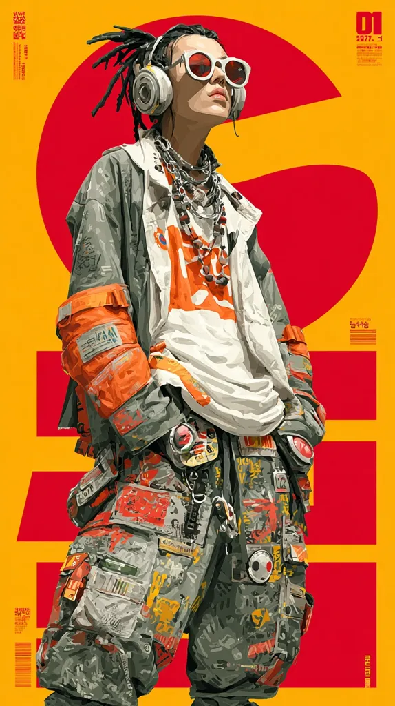 A stylized illustration of a futuristic female figure, clad in layered, patched clothing with vibrant orange and gray accents. She wears oversized headphones and white sunglasses, her expression is serious and confident.  The backdrop is a bold yellow and red design, creating a striking contrast to the character's attire.  The overall aesthetic blends cyberpunk and street style elements.