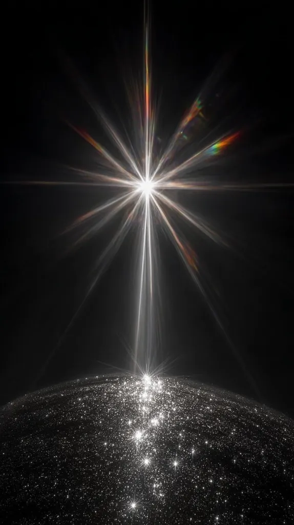 A radiant, star-like light source emits bright rays, creating a dramatic, celestial effect.  The light's brilliance illuminates a dark, textured surface below, possibly representing a planet or galaxy, speckled with countless smaller lights.  The overall composition evokes feelings of awe and wonder, hinting at vastness and cosmic power. The light displays subtle rainbow iridescence in its outer rays.