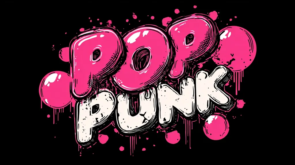 The image showcases the words "POP PUNK" in a stylized graffiti font.  "POP" is rendered in vibrant pink with a glossy, bubble-like texture, while "PUNK" is in off-white with a rougher, more textured look.  The design incorporates pink splatters and drips, adding to its energetic and punk-rock aesthetic. The overall effect is bold, playful, and visually striking against a black background.