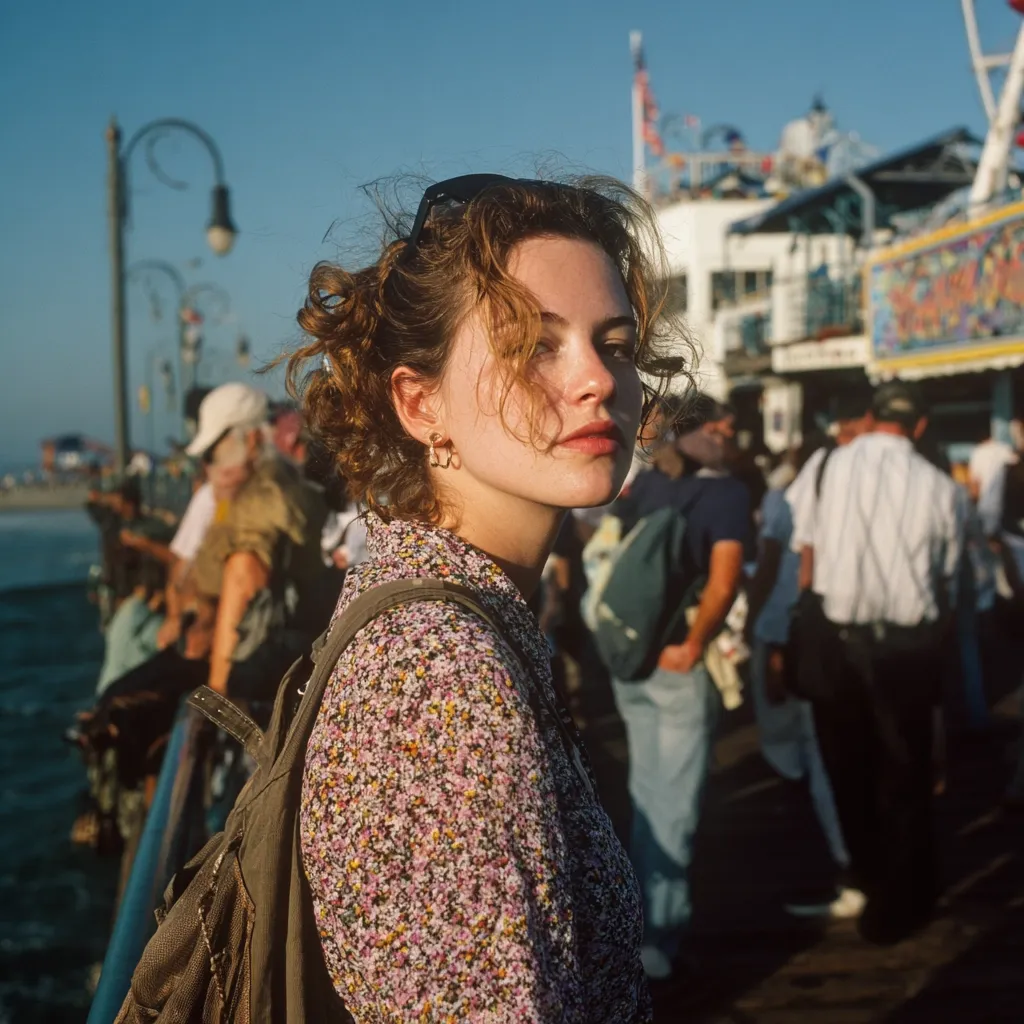 A young woman with curly brown hair stands on a pier, facing away from the camera. She wears a floral blouse and a backpack.  The background is blurred, showing a bustling pier scene with people and a building in the distance.  Sunlight illuminates her face, creating a warm, sunny atmosphere.  The overall mood is one of relaxed travel or a casual day out.