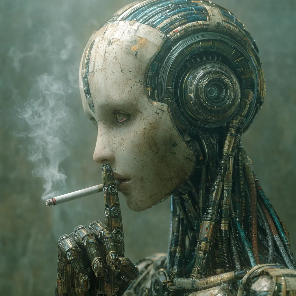 A weathered, female android, intricately crafted with exposed gears and wiring, sits pensively.  Her pale face is smudged with grime, and she holds a cigarette between her metallic fingers, exhaling a plume of smoke.  The image evokes a sense of melancholic solitude in a dystopian or post-apocalyptic setting.  The robot's mechanical head is a striking feature, showcasing complex internal mechanisms.