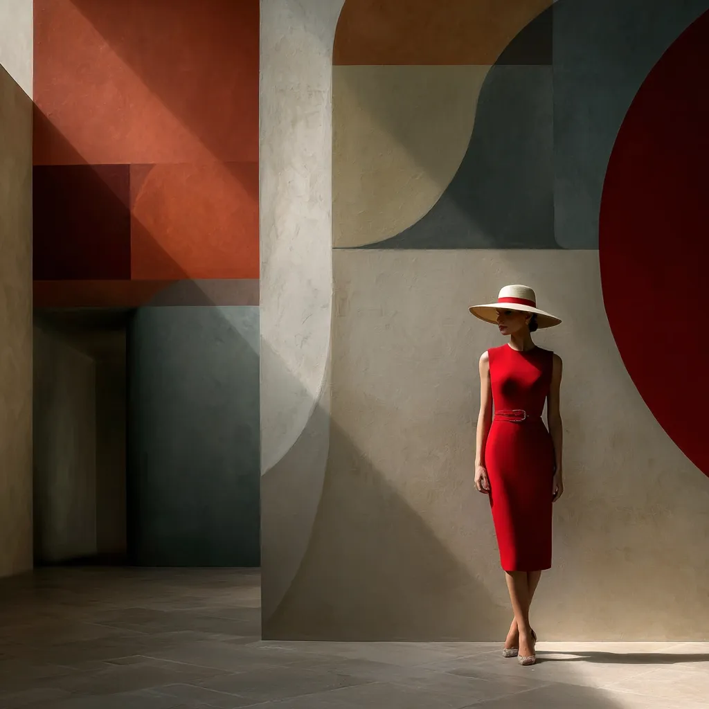 A woman in a red sheath dress and wide-brimmed straw hat stands against a backdrop of abstract geometric shapes painted in muted earth tones.  Sunlight streams into the room, illuminating her and highlighting the architectural details. The scene is minimalist and elegant, with a strong emphasis on color and form.