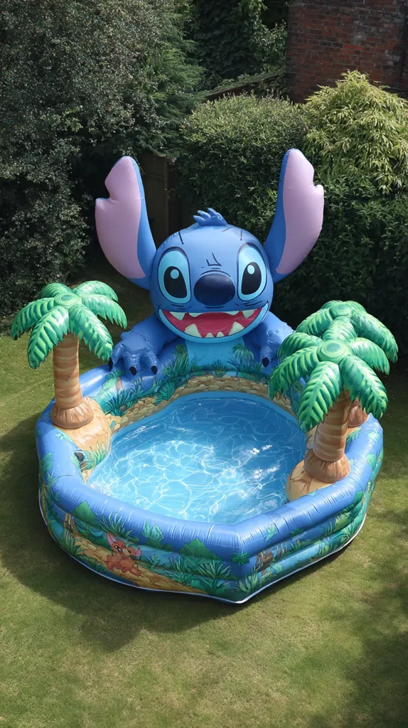 An inflatable Stitch-themed pool sits on a lush green lawn.  The pool features Stitch's face as the centerpiece, flanked by inflatable palm trees.  The pool itself is blue, depicting a tropical scene. The overall design is playful and fun, ideal for children's water play.