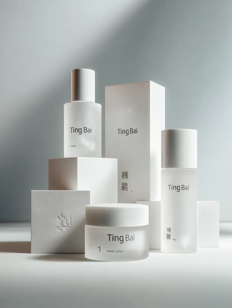 A minimalist product shot showcases a skincare line, "Ting Bai."  The collection includes a serum, toner, and moisturizer, all in sleek, frosted white bottles and jars.  The packaging is clean and modern, with the brand name subtly displayed.  The products are arranged on white cubes against a light gray backdrop, creating a sophisticated and calming aesthetic.