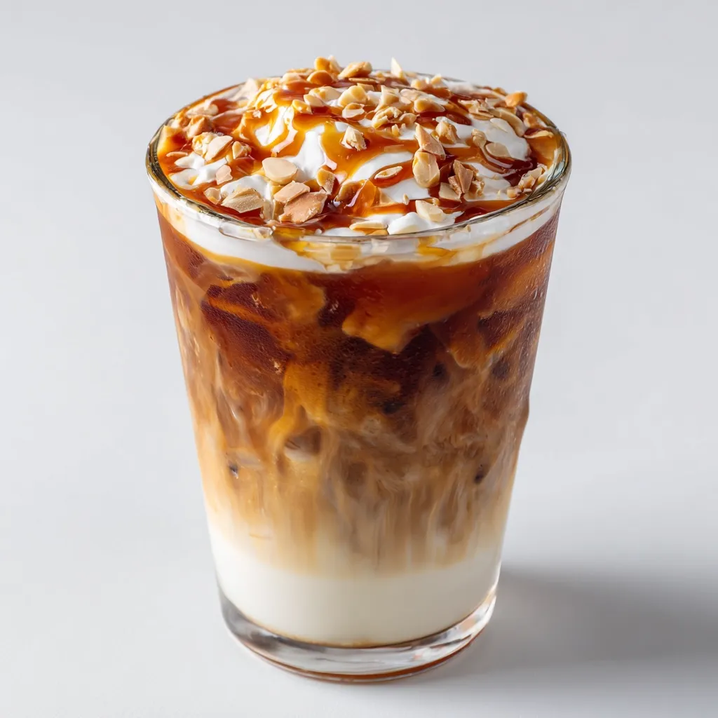 A refreshing iced coffee drink is presented in a clear glass. The beverage features a layered appearance, with a bottom layer of milk, a middle layer of iced coffee, and a top layer of caramel sauce and whipped cream.  Sliced almonds are sprinkled generously over the whipped cream, adding a delightful crunchy texture. The drink looks rich, creamy, and incredibly delicious.