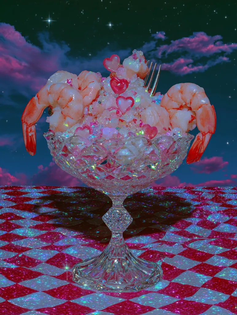 A crystal bowl filled with shrimp,  surrounded by pink and white hearts and glitter, sits on a sparkly red and blue checkered tablecloth under a starry night sky. The scene is surreal and dreamlike, with vibrant, highly saturated colors. A fork rests in the bowl, adding to the whimsical presentation.  The overall aesthetic is playful and kitschy.