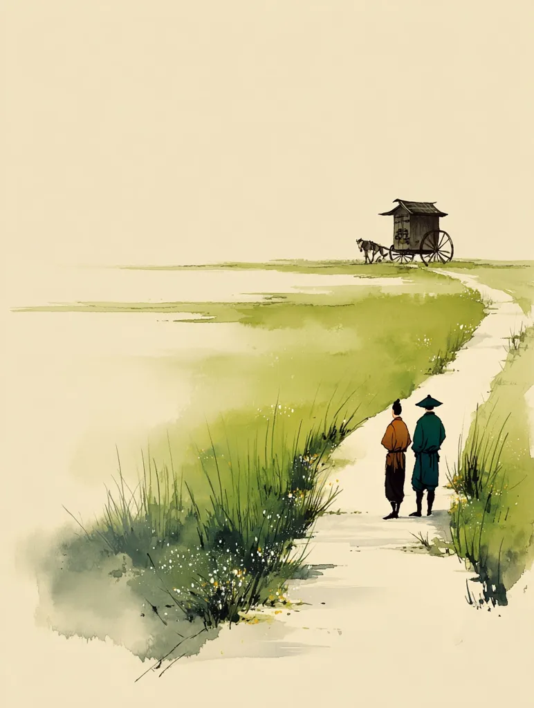 A tranquil watercolor painting depicts two figures in traditional Asian attire walking along a path that winds through a grassy field.  In the distance, a simple, wooden cart pulled by a horse is visible near a small hut. The soft colors and brushstrokes evoke a sense of serenity and peaceful countryside.  The overall style is minimalist and evocative of East Asian landscape painting.