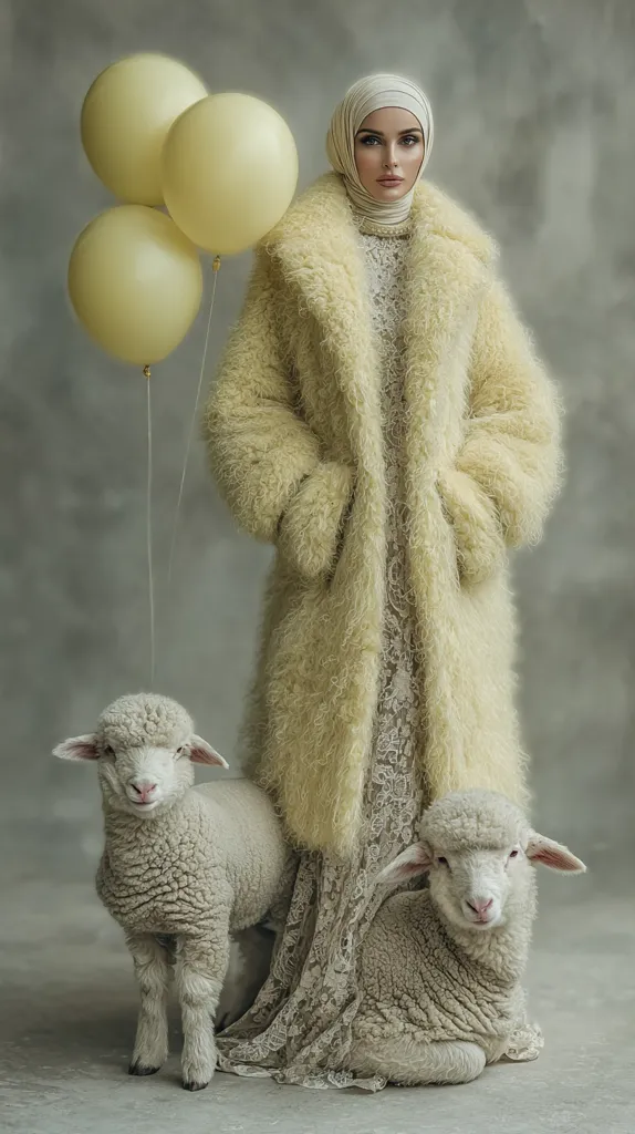 A woman in a long, fluffy, light yellow coat and a cream-colored hijab stands against a textured gray background.  Three pale yellow balloons float beside her. Two fluffy lambs sit at her feet, adding a whimsical touch to the elegant portrait. The overall mood is serene and subtly surreal.