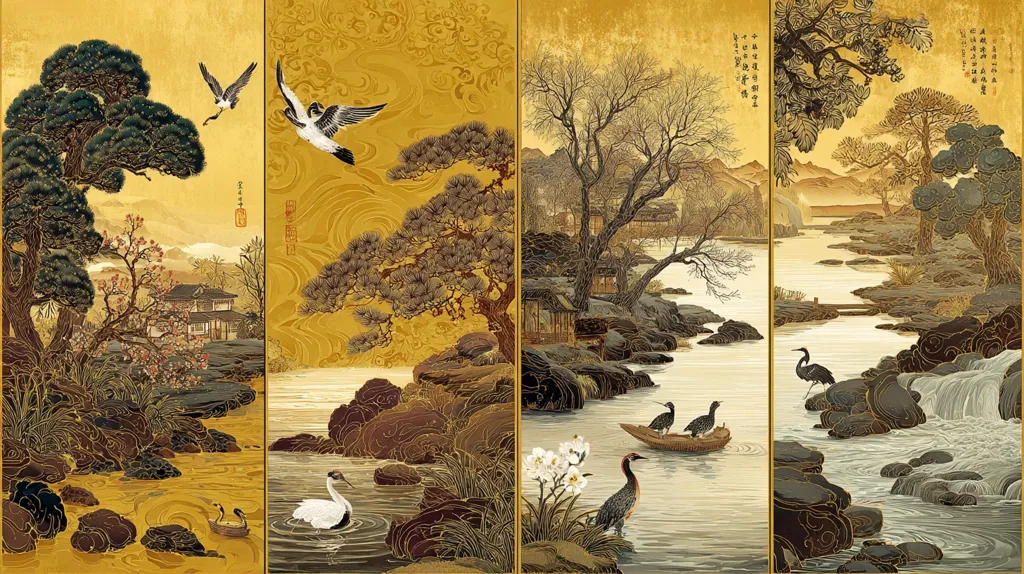 A four-panel artwork depicts serene East Asian landscapes.  Each panel showcases a tranquil river scene with rocky banks, various birds including cranes and herons, and traditional architecture nestled amongst pine trees and blossoming flora.  The gold background adds a rich, luxurious feel to the detailed, stylized imagery. The overall effect is peaceful and harmonious, evoking a sense of calm and natural beauty.