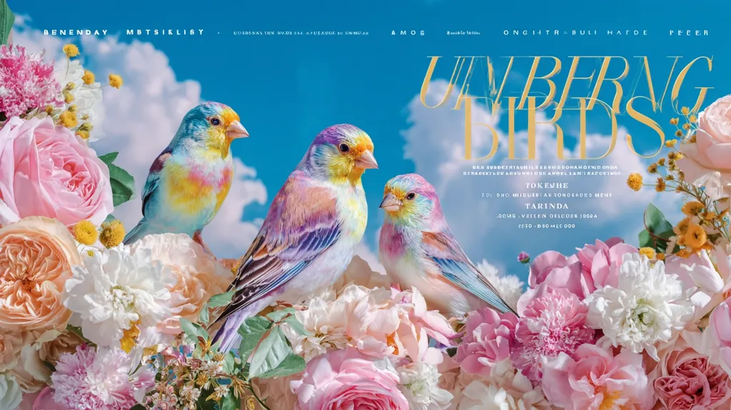 A vibrant album cover featuring three iridescent birds perched amidst a lush bouquet of pink and white roses, daisies, and other flowers.  The clear blue sky forms a backdrop. The title "WANDERING BIRDS" is prominently displayed, along with artist and album information in a stylized font. The overall aesthetic is dreamy and colorful.