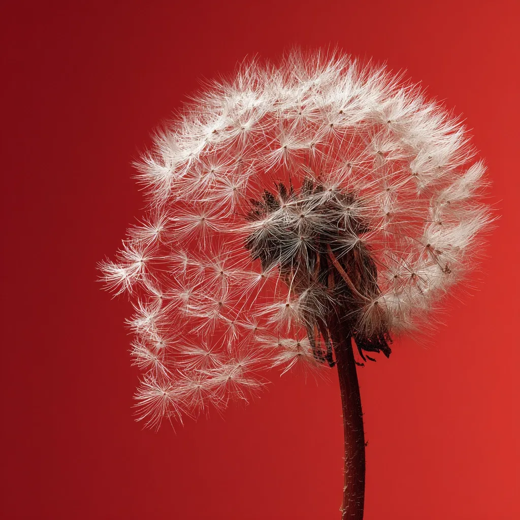 A detailed close-up reveals a dandelion seed head against a vibrant red backdrop.  The delicate, white seeds radiate outwards from a dark brown center, creating a spherical shape.  The contrast between the light seeds and the deep red background emphasizes the intricate details of the dandelion's structure.  The stem is visible, extending downward.  The image showcases the beauty of nature's simple yet complex designs.