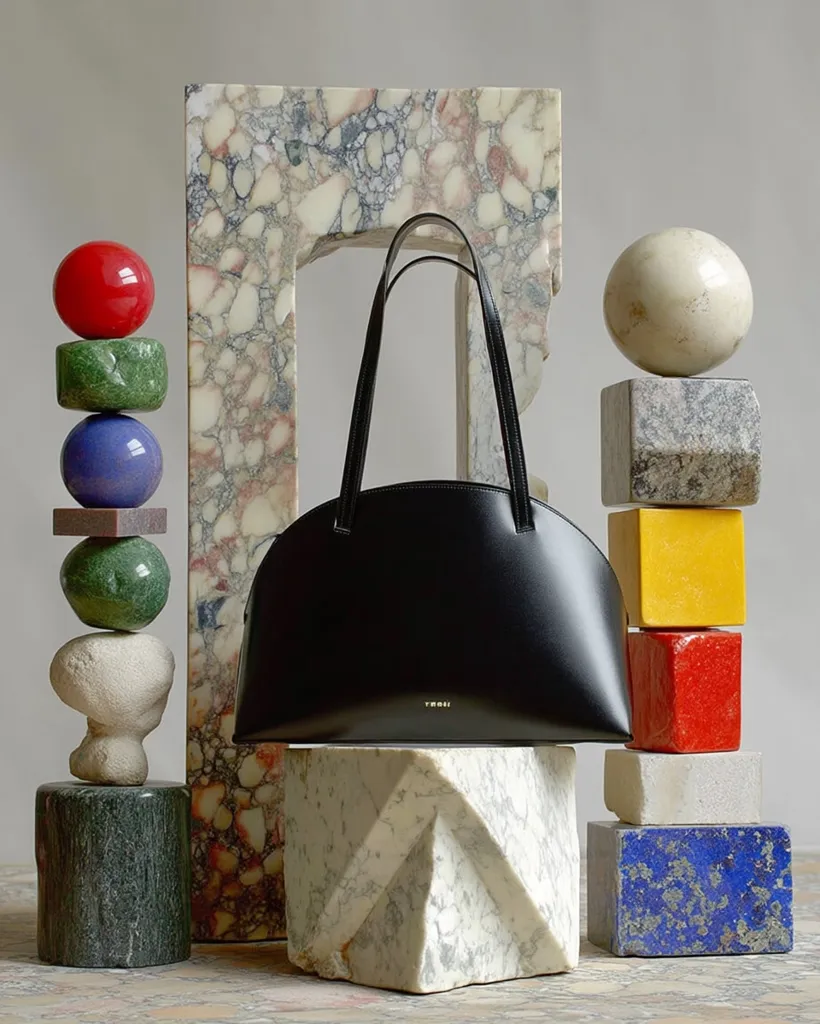 A black leather handbag with a half-moon shape sits atop a geometric white marble block.  Surrounding it are stacks of colorful and textured stones and marbles, creating a visually striking still life.  The scene is minimalist and elegant, highlighting the bag's simple design against the backdrop of natural materials. The overall aesthetic is modern and sophisticated.