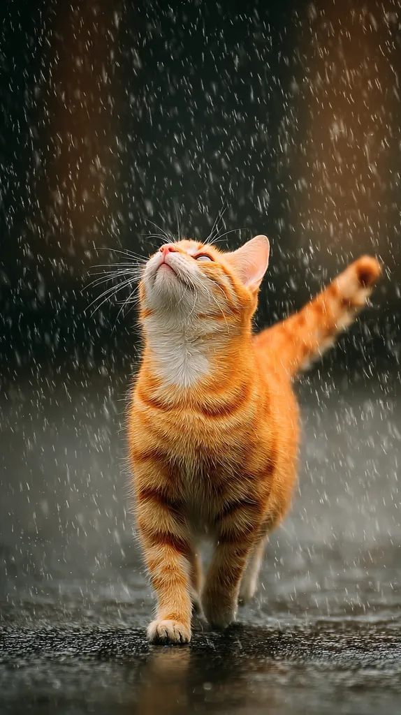 An orange tabby cat stands in the rain, its head tilted upward, looking serenely at the falling droplets.  The cat's fur is slightly wet, and its tail is arched. The dark background emphasizes the cat and the falling rain, creating a tranquil and captivating scene. The image evokes a sense of peace and quiet amidst the storm.