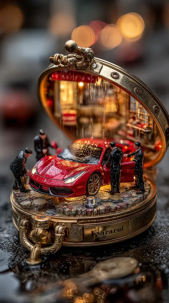 A miniature diorama showcases a red Ferrari undergoing a car wash inside an ornate, brass-colored circular casing.  Tiny figurines of men appear to be working on the car, under a simulated rain shower. The base is adorned with what looks like coins, and the casing bears the inscription "Ferrari" indicating the subject of the artwork.  The scene is artfully lit, enhancing the overall detail and realism.