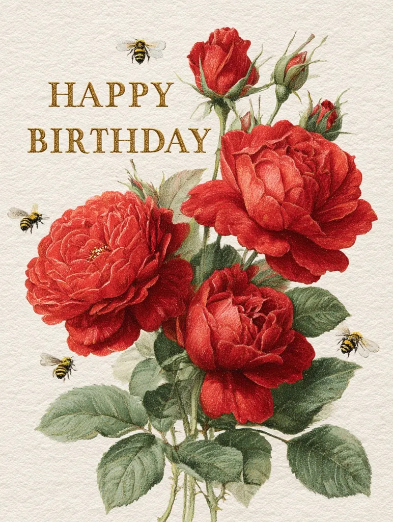 A lovely birthday card features a bouquet of vibrant red roses, meticulously rendered in a vintage style.  The roses are richly colored, with detailed petals and lush green leaves.  Three bees add a touch of whimsy, buzzing around the flowers.  The words "Happy Birthday" are elegantly inscribed in gold lettering.  The overall aesthetic is romantic and classic.