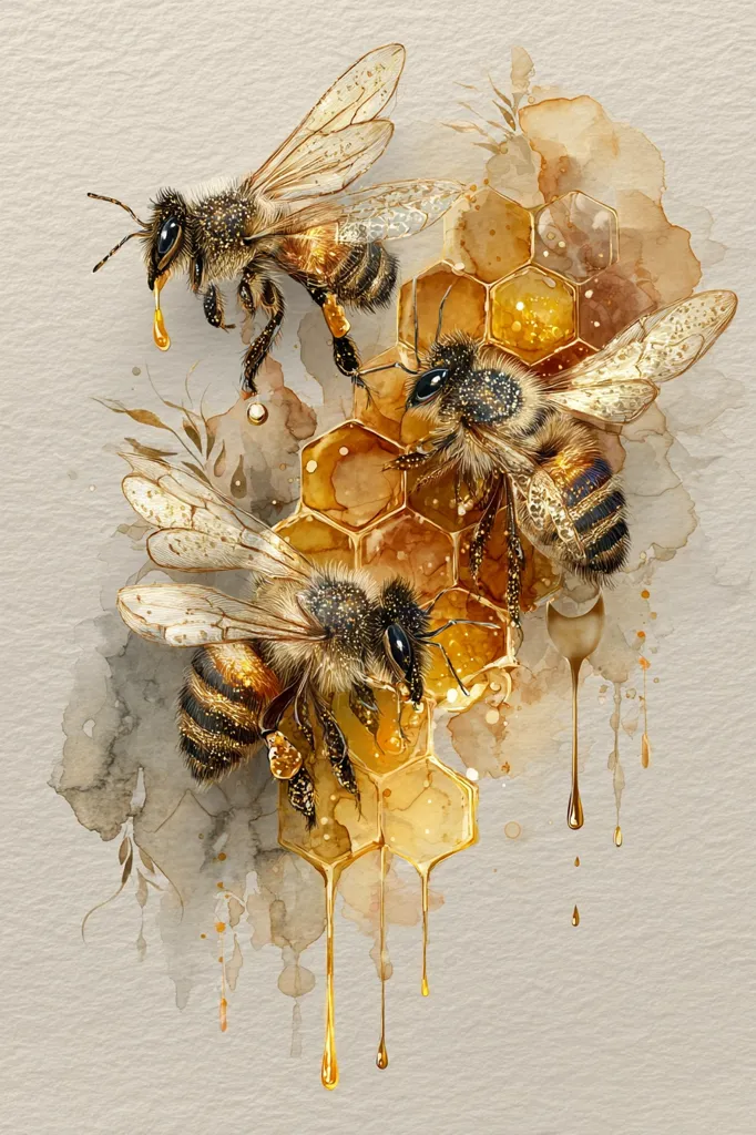 Three exquisitely detailed bees are depicted in a watercolor painting, their bodies shimmering with gold dust.  They cluster around a honeycomb, from which golden honey drips realistically.  The background features soft watercolor washes of beige and brown, creating a delicate and ethereal atmosphere. The overall effect is one of both beauty and natural wonder.