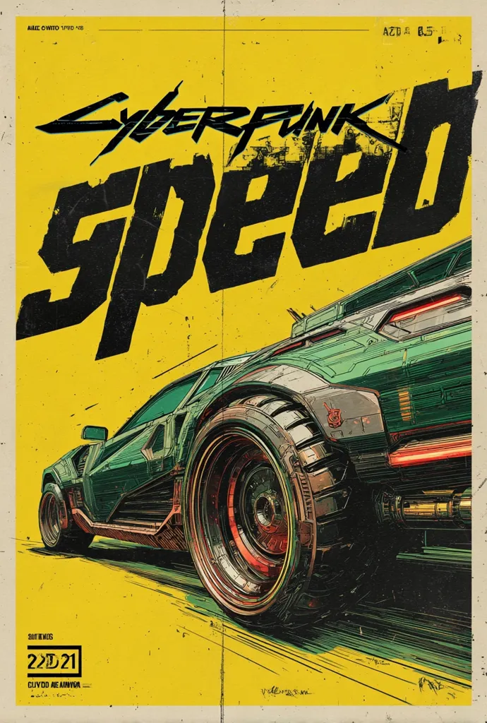 A vibrant poster showcases a futuristic, green cyberpunk vehicle speeding across a bold yellow background.  The word "SPEED" is prominently displayed in a stylized, gritty font, overlaid with "CYBERPUNK" in a smaller, matching typeface. The car's design is detailed, featuring large wheels and a rugged, metallic aesthetic. The overall style is reminiscent of retro-futurism, with a slightly grungy texture.  The poster also includes small text details at the bottom.