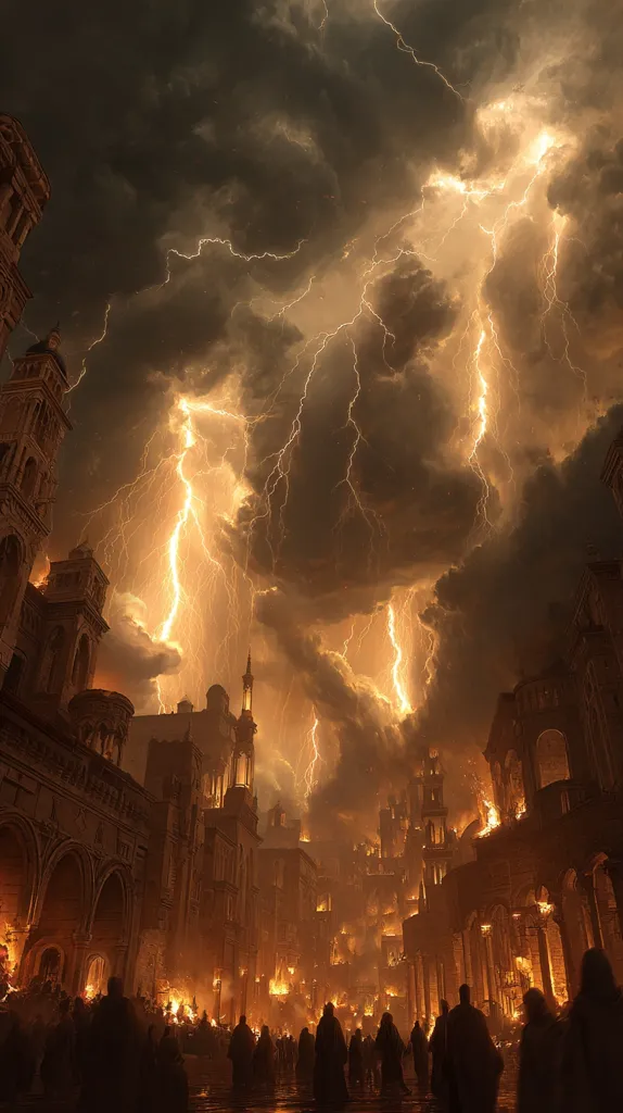 A dramatic digital painting depicts a medieval city engulfed in a fiery storm.  Intense, golden lightning cracks across a dark, turbulent sky, illuminating the burning buildings and streets below.  A crowd of silhouetted figures watches from the foreground as flames consume the architecture, creating a scene of apocalyptic grandeur. The overall atmosphere is one of chaos and impending doom.