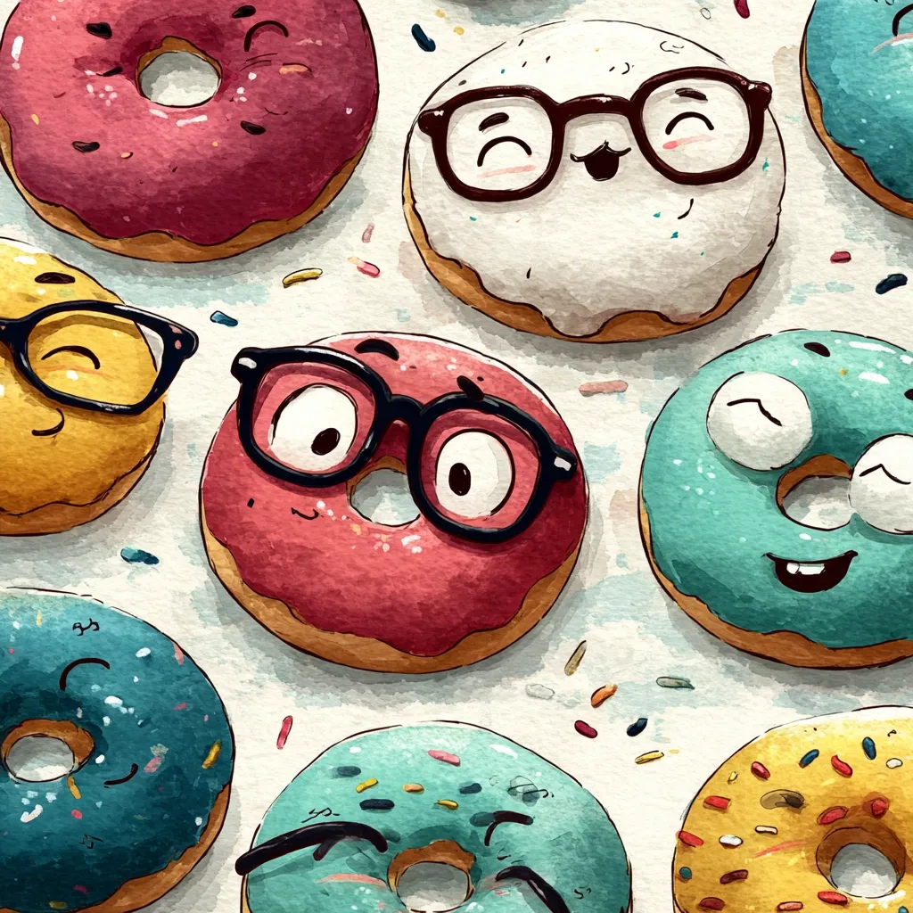 A whimsical illustration features a collection of donuts, each with a unique personality.  Donuts wear glasses, sport various icing colors and sprinkles, and have expressive cartoon faces. The style is vibrant and playful, reminiscent of watercolor painting, creating a cheerful and sweet image.  The donuts are scattered on a light background with colorful sprinkles.