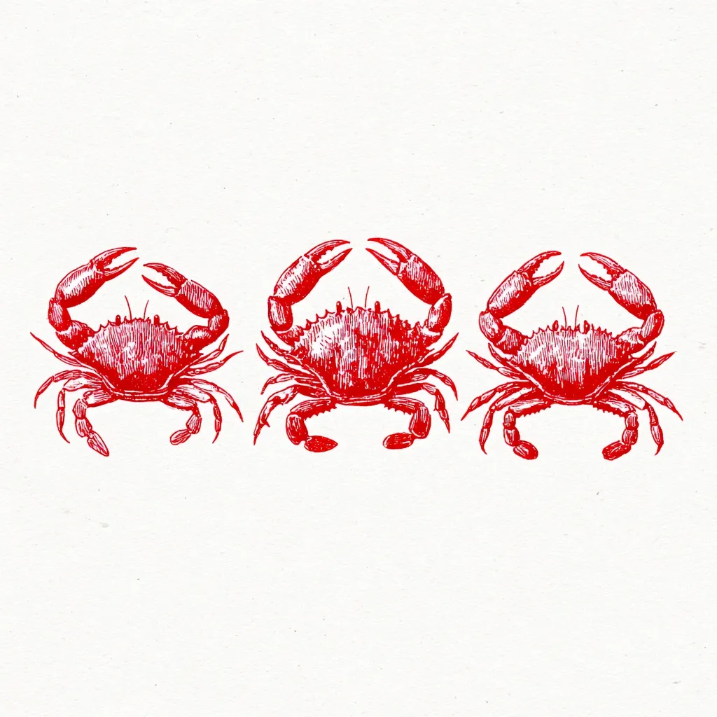 Three red crabs are depicted in a row against a white background.  The crabs are drawn in a detailed, etched style, suggesting a vintage or nautical theme.  Their claws are outstretched, and their bodies are textured. The image is simple yet striking, possibly suitable for a culinary or decorative design.
