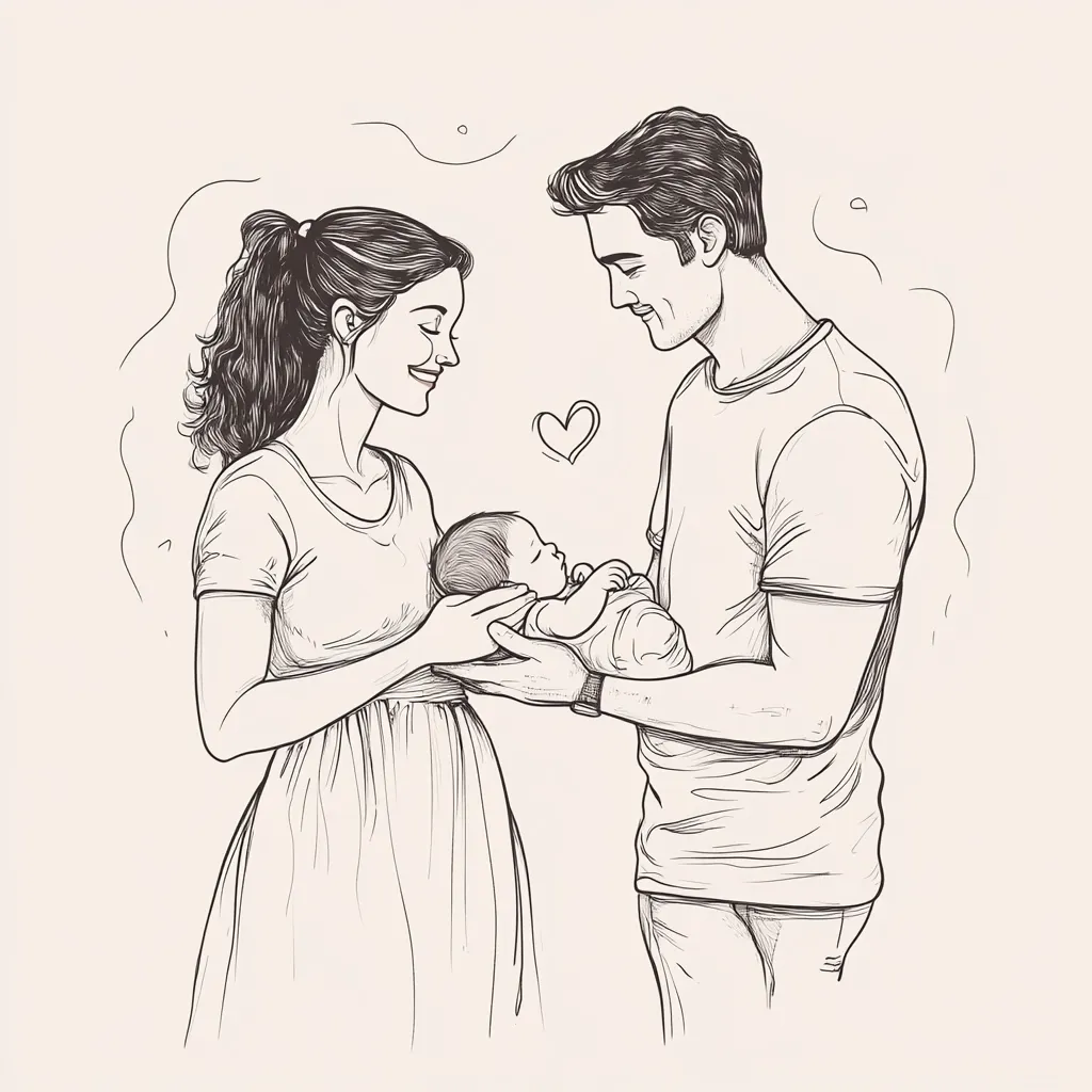 A hand-drawn illustration depicts a loving couple cradling their newborn baby.  The mother and father gaze adoringly at their sleeping infant, their hands gently supporting the child.  The style is reminiscent of a sketch, with fine lines and shading creating depth and emotion. A small heart floats between the parents, symbolizing their love and new family unit.  The overall tone is warm and tender, capturing the joy of new parenthood.