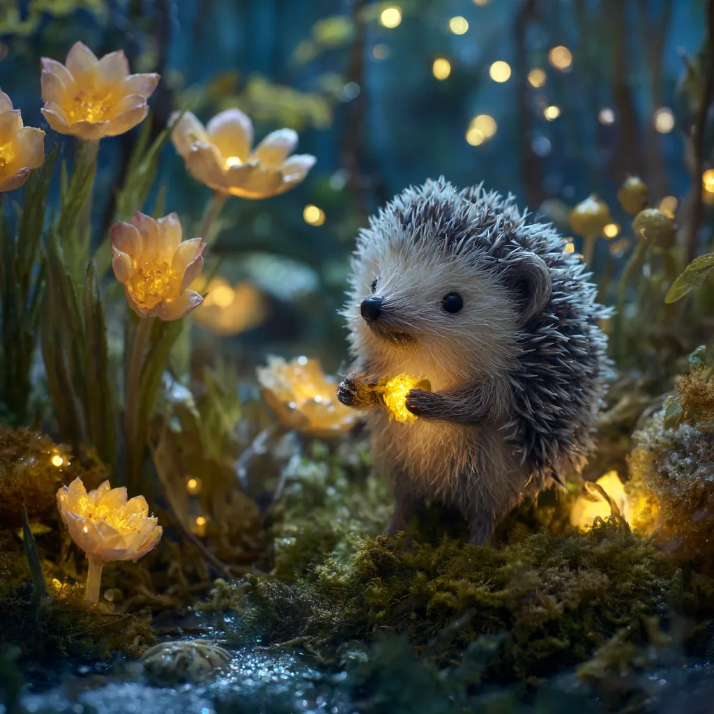 A charming hedgehog figurine, nestled in a miniature enchanted forest, delicately holds a glowing light.  Surrounding it are luminous flowers and soft moss, creating a magical, whimsical scene.  Warm, soft lighting illuminates the hedgehog and its surroundings, enhancing the fairytale atmosphere.  The overall effect is serene and enchanting.
