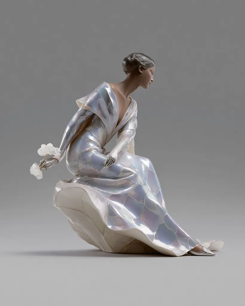 A porcelain figurine depicts a seated woman in an iridescent, flowing gown.  The dress features a textured, almost scale-like pattern in shades of pearl and silver. She holds a small bouquet of flowers, and her pose is graceful and serene. The figure is perched atop a sculpted, cloud-like base, adding to the ethereal quality of the piece.  The overall effect is one of elegance and refined beauty.