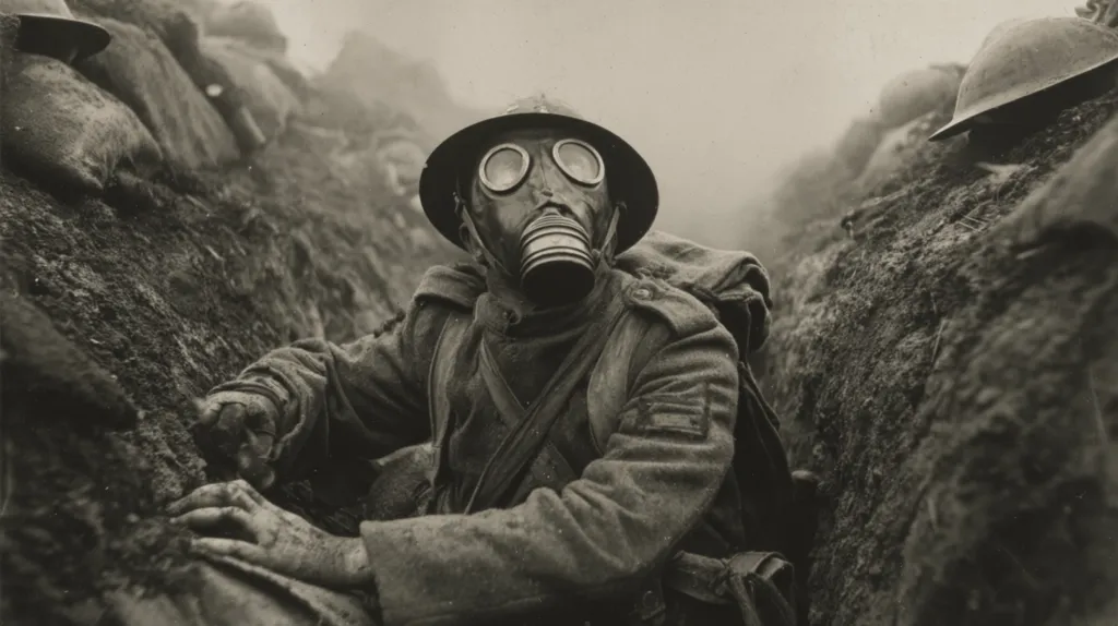 A black and white photo depicting a World War I soldier in a trench, wearing a gas mask.  The grim scene is shrouded in fog or smoke, emphasizing the harsh conditions of trench warfare.  Other soldiers are visible in the background, huddled amongst sandbags. The image powerfully conveys the fear and isolation experienced by soldiers during this time.