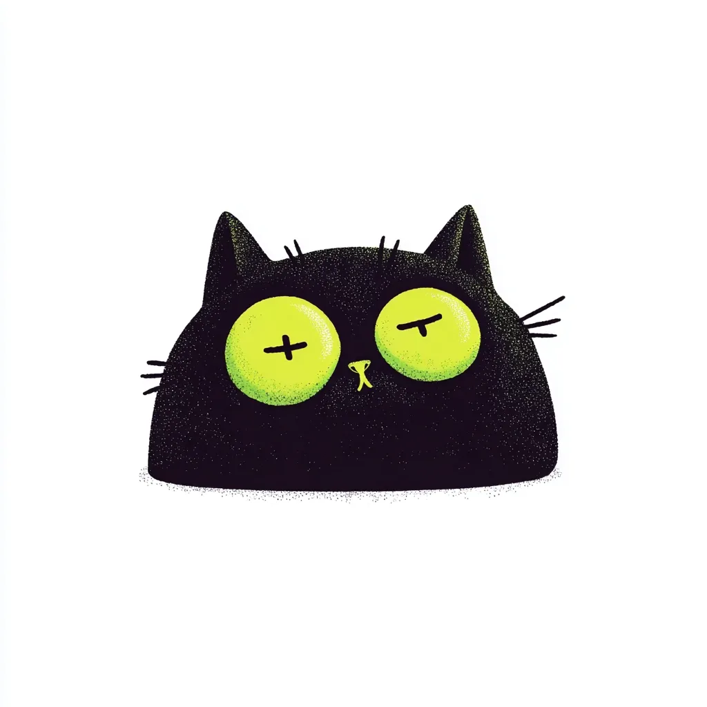 A cartoon illustration of a round, black cat with large, lime-green eyes featuring small plus signs.  The cat's expression is sleepy or disinterested.  Its dark fur appears textured. The cat's head is slightly tilted, and only the upper portion of its body is visible. The style is whimsical and slightly spooky.
