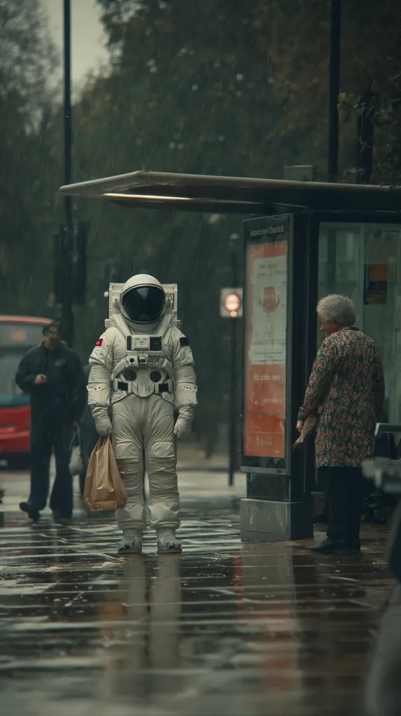 A lone astronaut in a white spacesuit stands at a rain-soaked bus stop, clutching a brown paper bag.  An elderly woman in a floral coat waits nearby, seemingly unfazed by the unusual sight.  The backdrop is a blurry, rain-drenched city street, with a bus partially visible. The overall atmosphere is somber and mysterious.  The rain reflects on the wet pavement.