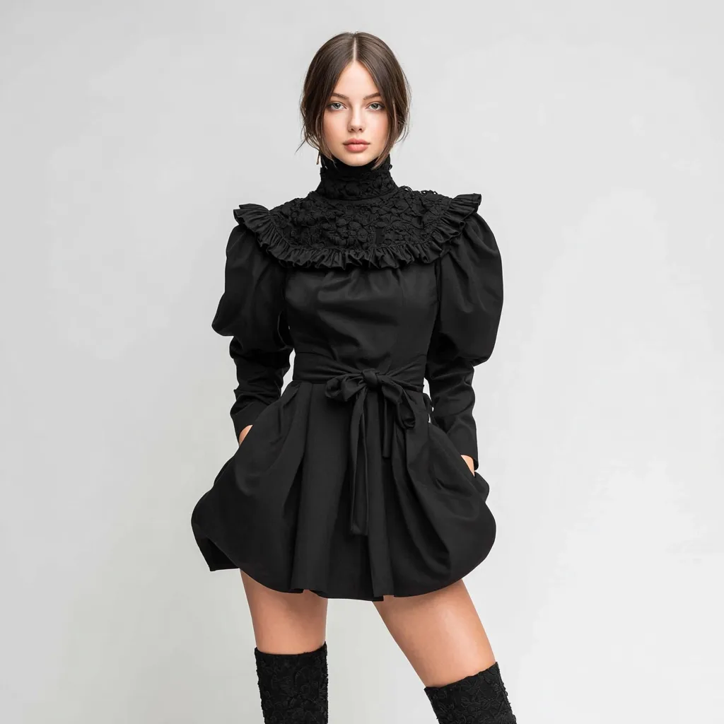 A young woman with dark hair styled up in a bun, models a black mini dress.  The dress features a high neck, ruffled lace collar, puffed sleeves, and a belted waist.  The skirt is full and bubble-like. She is also wearing black lace-top high boots. The backdrop is a plain light grey.