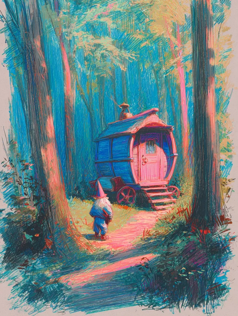 A whimsical illustration depicts a small gnome in a pointed hat, standing on a path in a sun-dappled forest.  A vibrant, fairytale-like wagon, painted in blues and pinks, sits nestled amongst the trees. The scene is rendered in a style reminiscent of crayon or pastel, with bold strokes and saturated colors creating a dreamlike atmosphere. The overall impression is one of magical realism and quiet solitude.