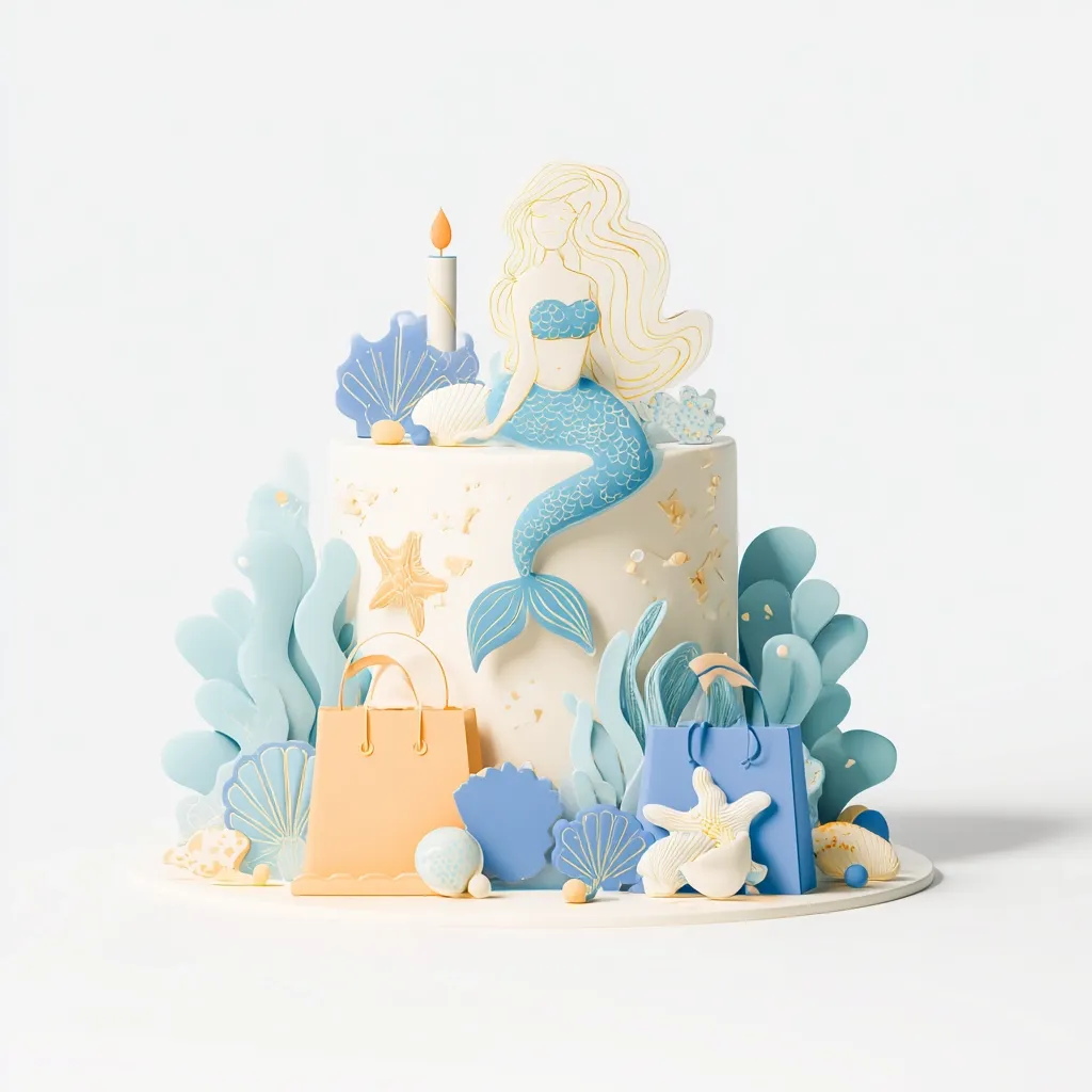 A whimsical mermaid-themed cake features a delicate fondant mermaid sitting atop a white cake adorned with seashells, starfish, and seaweed.  Pastel blue and orange accents complement the overall design.  Two small fondant shopping bags add a playful touch to the base, enhancing the charming, underwater scene. A single candle sits atop the cake, completing the birthday celebration aesthetic.
