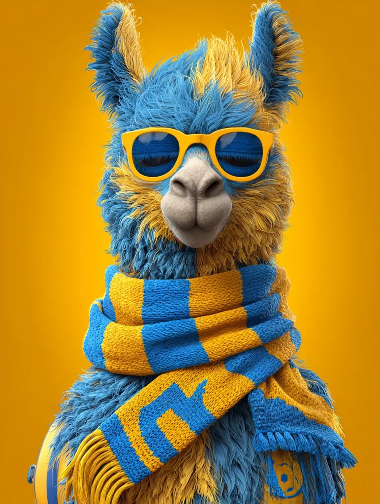 A fluffy llama, half blue and half yellow, sports stylish yellow sunglasses and a matching blue and yellow striped scarf.  The llama's fur is meticulously detailed, giving it a soft and cuddly appearance. The vibrant colors pop against a bright yellow background, creating a cheerful and playful image.  The llama appears content and relaxed, its expression serene.