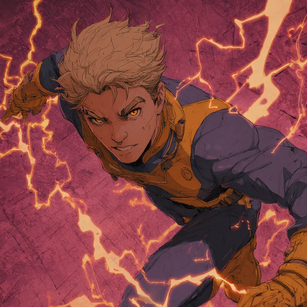 A stylized illustration depicts a young man, blond hair windswept,  in a futuristic, purple and gold suit.  His intense gaze and fierce expression are accentuated by glowing orange energy crackling around him, suggesting electrical powers. The art style is dynamic, with bold lines and muted color tones creating a gritty, powerful image. The background is a textured, dark reddish-purple.