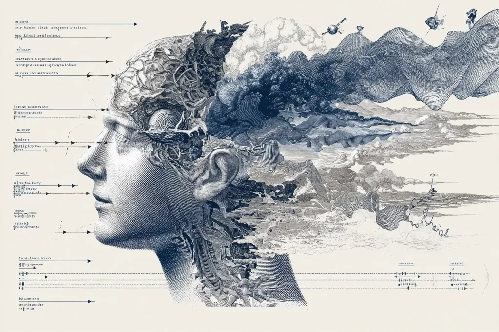A detailed, stylized illustration depicts a human head in profile, its internal structures intricately rendered and seamlessly merging with a surreal landscape.  The brain is visualized as a complex network of veins and branches, extending into a swirling, smoky sky and mountainous terrain.  Arrows and labels suggest a mapping of the mind's processes and connections to the external world, creating a compelling visual metaphor of thought and consciousness.  The overall style is reminiscent of vintage anatomical illustrations, infused with fantasy elements.
