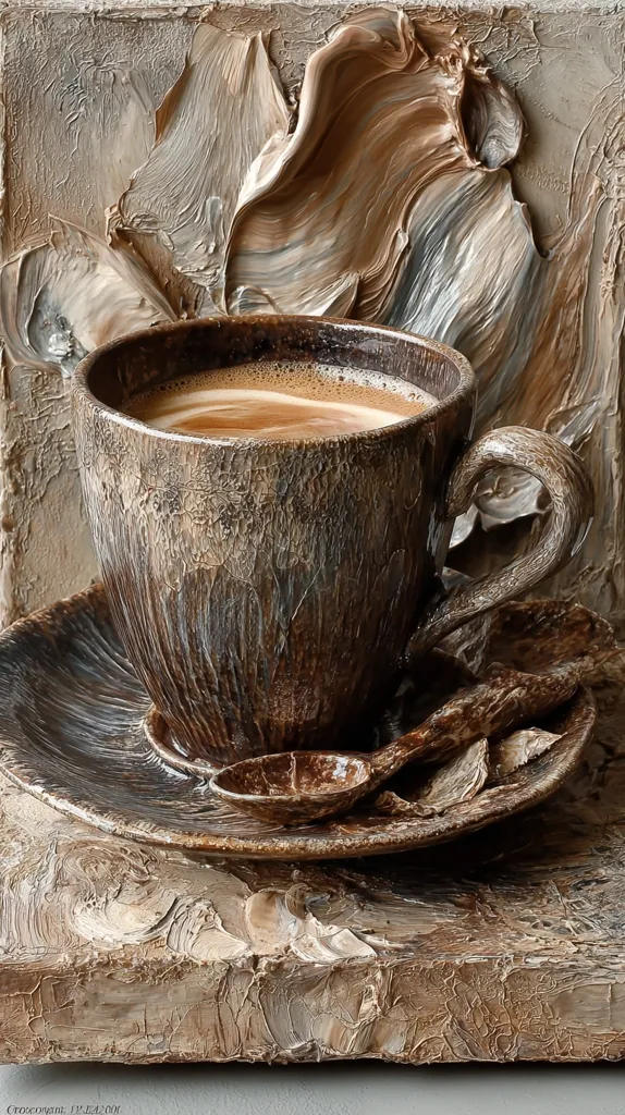 A rustic, earthy-toned coffee cup filled with frothy coffee sits on a matching saucer.  A small spoon rests beside it. The scene is presented against a textured background of thick, impasto paint strokes in warm browns and creams, creating a visually rich and artistic still life.  The overall mood is one of warmth and comfort.