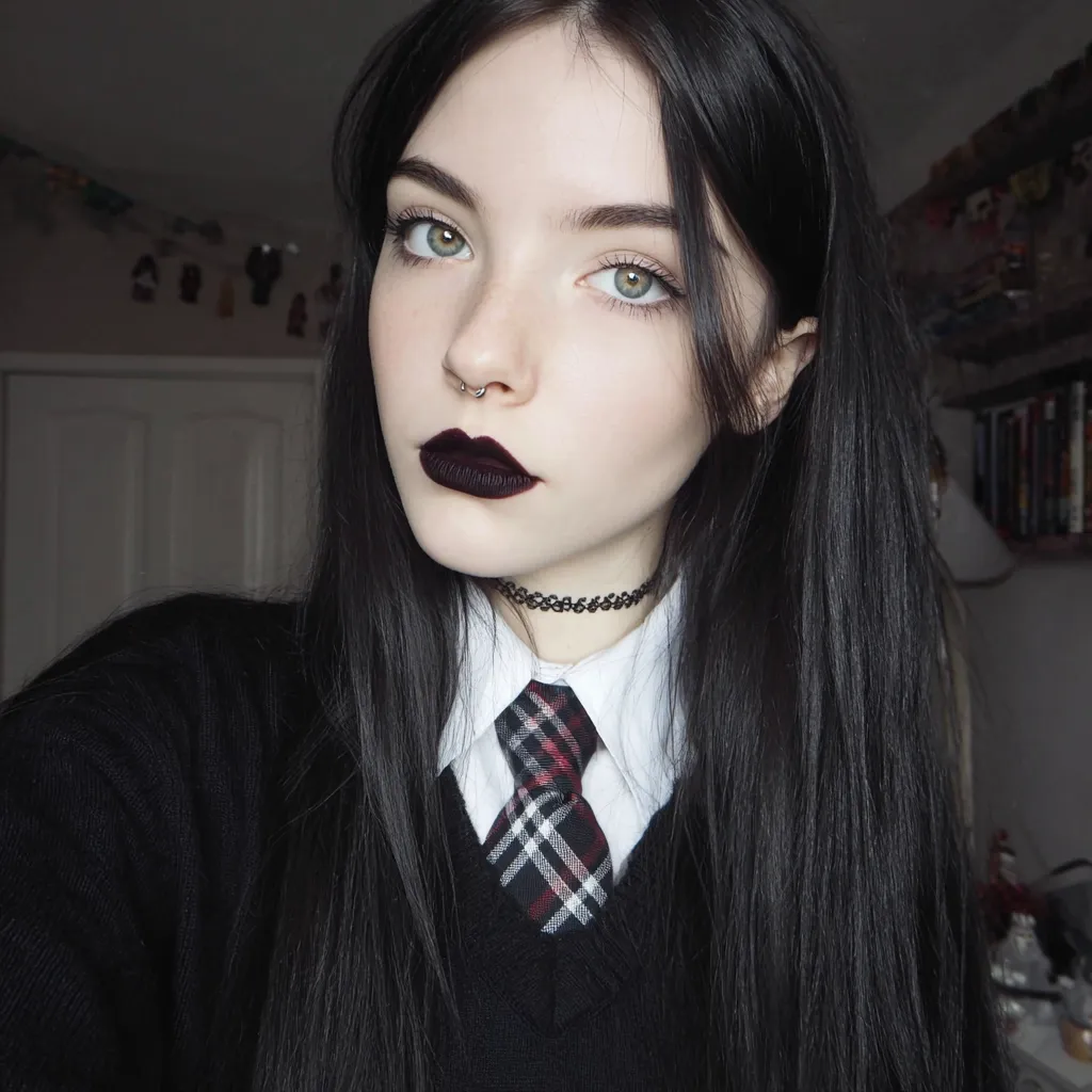 A young woman with long, straight black hair and pale skin gazes directly at the camera.  She wears dark makeup, including dark lipstick, and a septum piercing. Her attire consists of a black sweater vest over a white collared shirt and a plaid tie, creating a contrast between dark and light elements and a slightly gothic aesthetic.  The background is blurry, showing a hint of a bedroom setting.