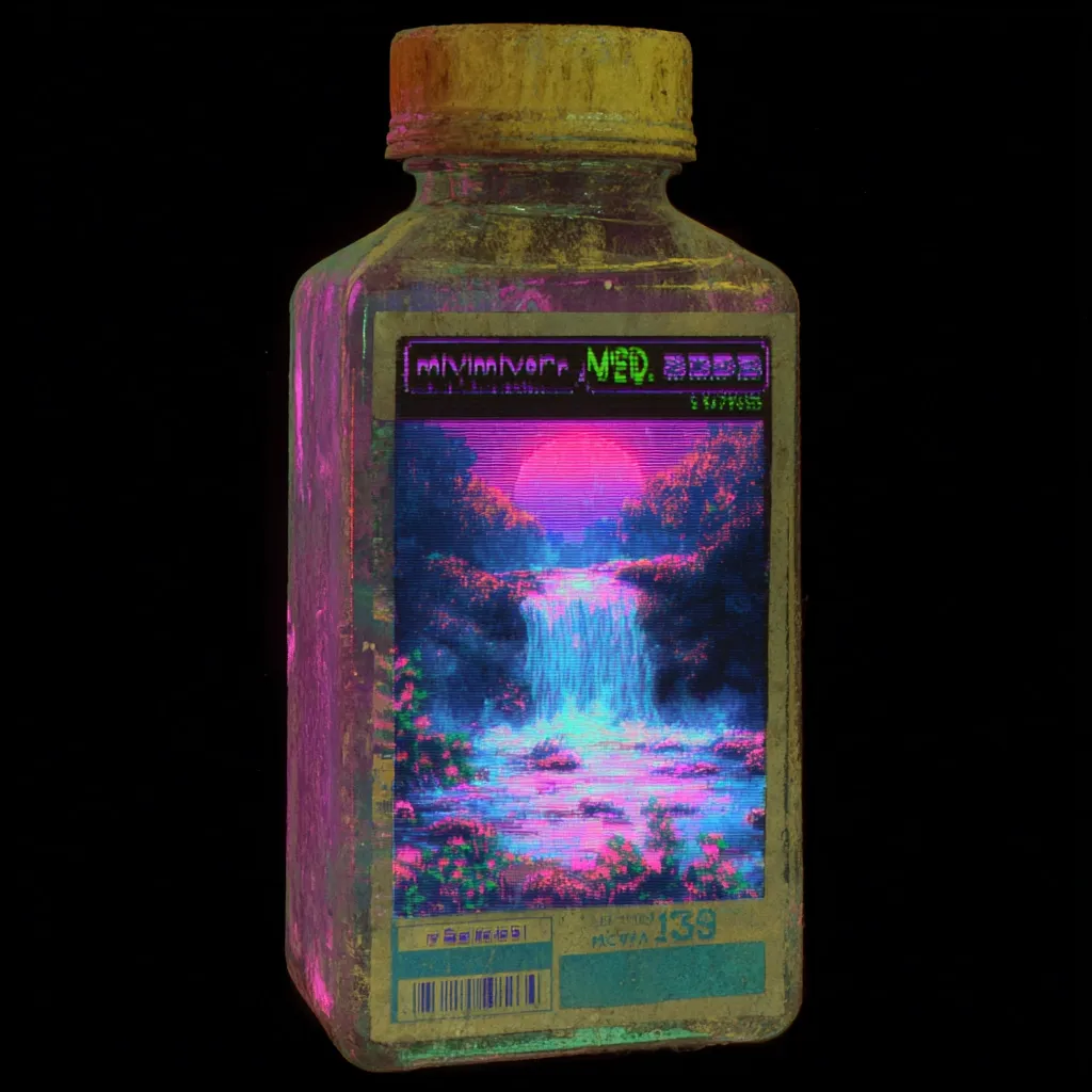 A weathered, transparent plastic bottle with a yellow cap displays a retro-futuristic label. The label features a pixelated 8-bit image of a serene waterfall scene under a vibrant sunset, overlaid with glitching text suggesting a medicinal product from a company named "Mivimiver Med."  The bottle appears old and possibly used, adding to its nostalgic, cyberpunk aesthetic.