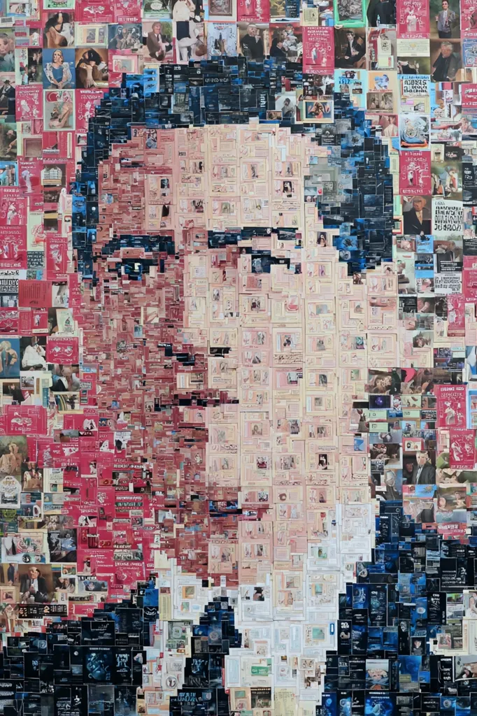 A large mosaic portrait, constructed from numerous small images, depicts a man's face. The individual squares composing the image are diverse, featuring a mix of photographs and printed materials.  The color palette is varied but leans towards reds, creams, and blues, creating a complex and textured visual effect. The overall impression is one of meticulous detail and a unique artistic approach to portraiture.