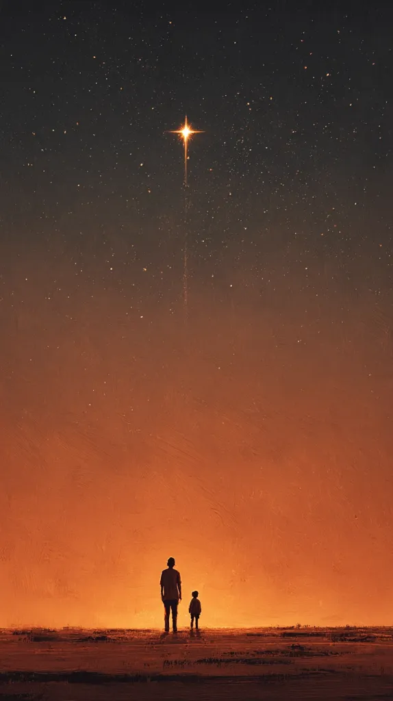 Silhouetted against a vibrant orange sunset, a father and son stand in awe, gazing upwards at a bright star shooting across the night sky. The vast expanse of the desert stretches before them, mirroring the boundless wonder in their eyes as they witness this celestial event.  The scene is both serene and hopeful, suggesting a shared moment of profound connection and anticipation.