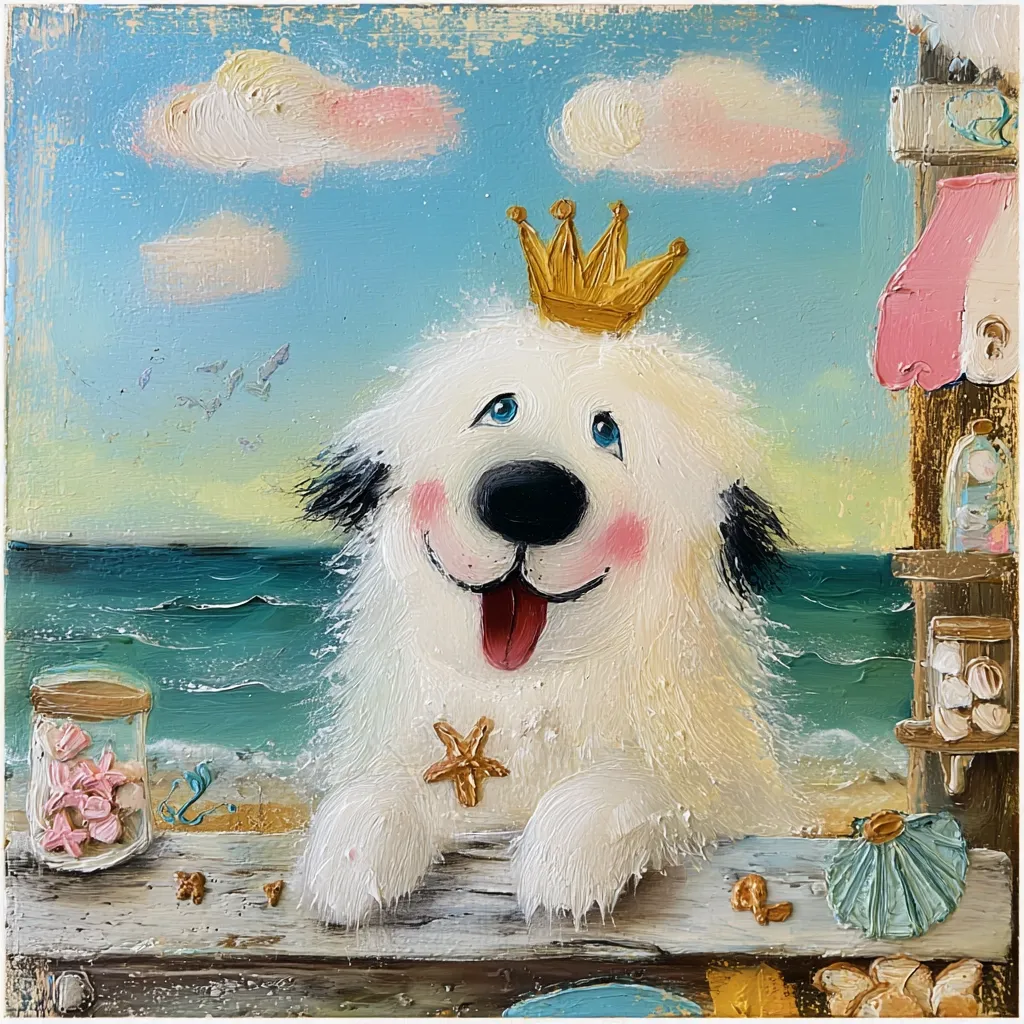 A cheerful, white dog wearing a golden crown sits at a beachside stand.  The dog has rosy cheeks and a playful expression, its tongue sticking out.  A jar of seashells sits nearby, and the ocean with gentle waves forms a serene backdrop. The painting is vibrant and textured, evoking a whimsical, childlike charm.  A small beach shop is visible in the background.