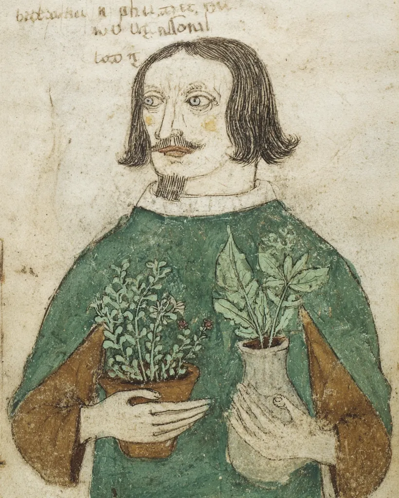 A 16th-century illustration depicts a man, possibly a herbalist or physician, holding two containers of plants.  He has dark hair styled in a shoulder-length cut, a mustache, and wears a teal robe. The plants appear meticulously drawn, suggesting a focus on botanical detail. The artwork is rendered in a style characteristic of medieval or Renaissance manuscript illumination, with muted colors and fine lines. The background is a pale, aged parchment.