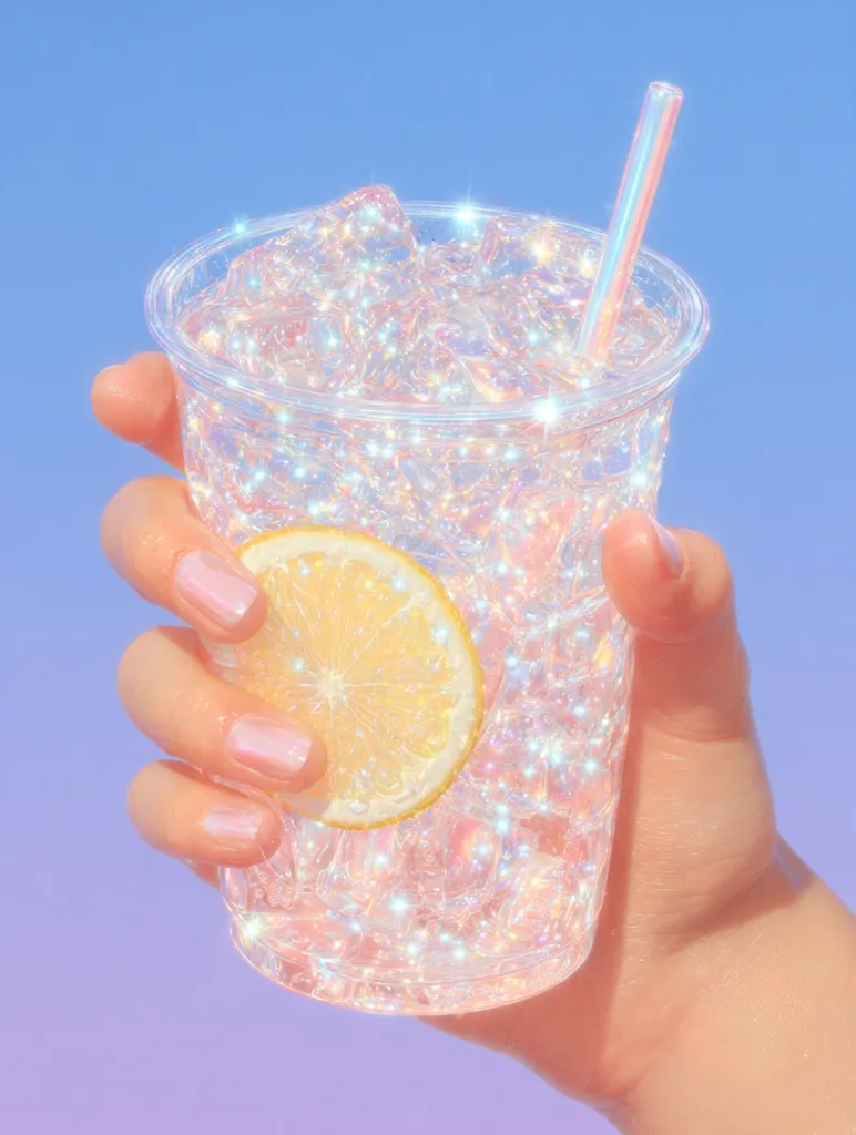 A hand holds a plastic cup filled with a sparkling, icy beverage.  The drink is adorned with a lemon slice and a pastel-colored straw.  The overall aesthetic is dreamy and ethereal, with a soft, iridescent glow emanating from the ice and liquid.  The image evokes a feeling of refreshing coolness and summery bliss.